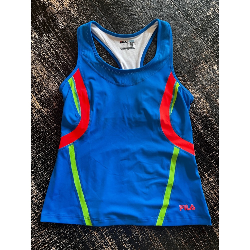 Fila Sport Womens Running Tank Top Blue Neon Orange‎ Green Racerback Size L
